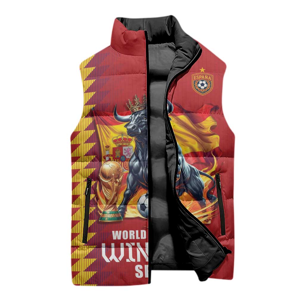 Custom World Football 2026 Spain Sleeveless Puffer Jacket Spanish Bull Rising Champions - Wonder Print Shop