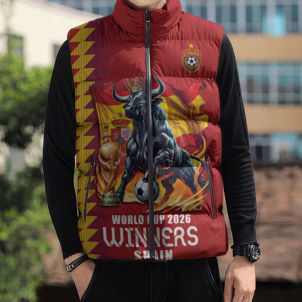Custom World Football 2026 Spain Sleeveless Puffer Jacket Spanish Bull Rising Champions - Wonder Print Shop