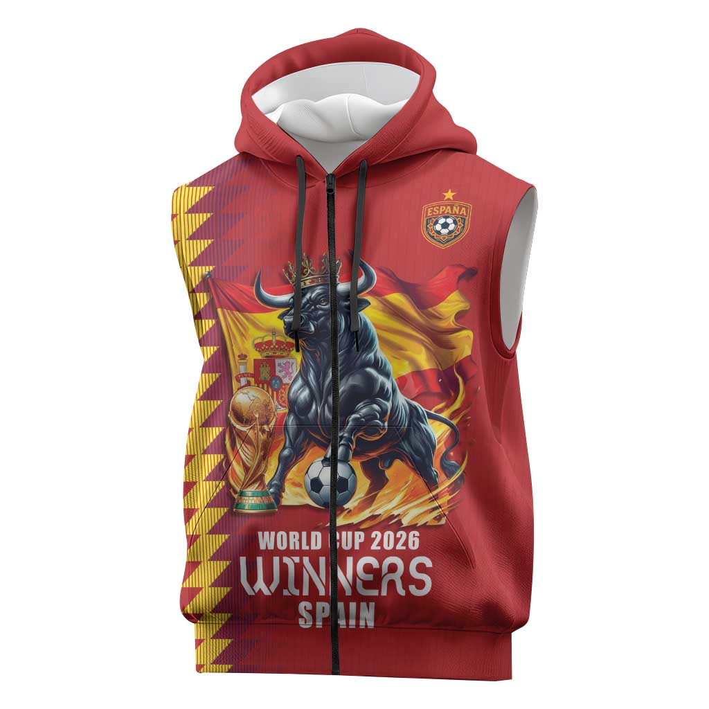 Custom World Football 2026 Spain Sleeveless Zip Hoodie Spanish Bull Rising Champions - Wonder Print Shop