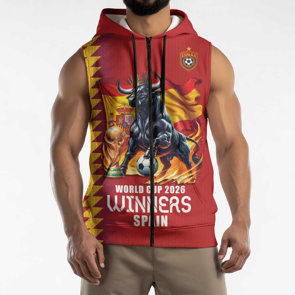 Custom World Football 2026 Spain Sleeveless Zip Hoodie Spanish Bull Rising Champions - Wonder Print Shop