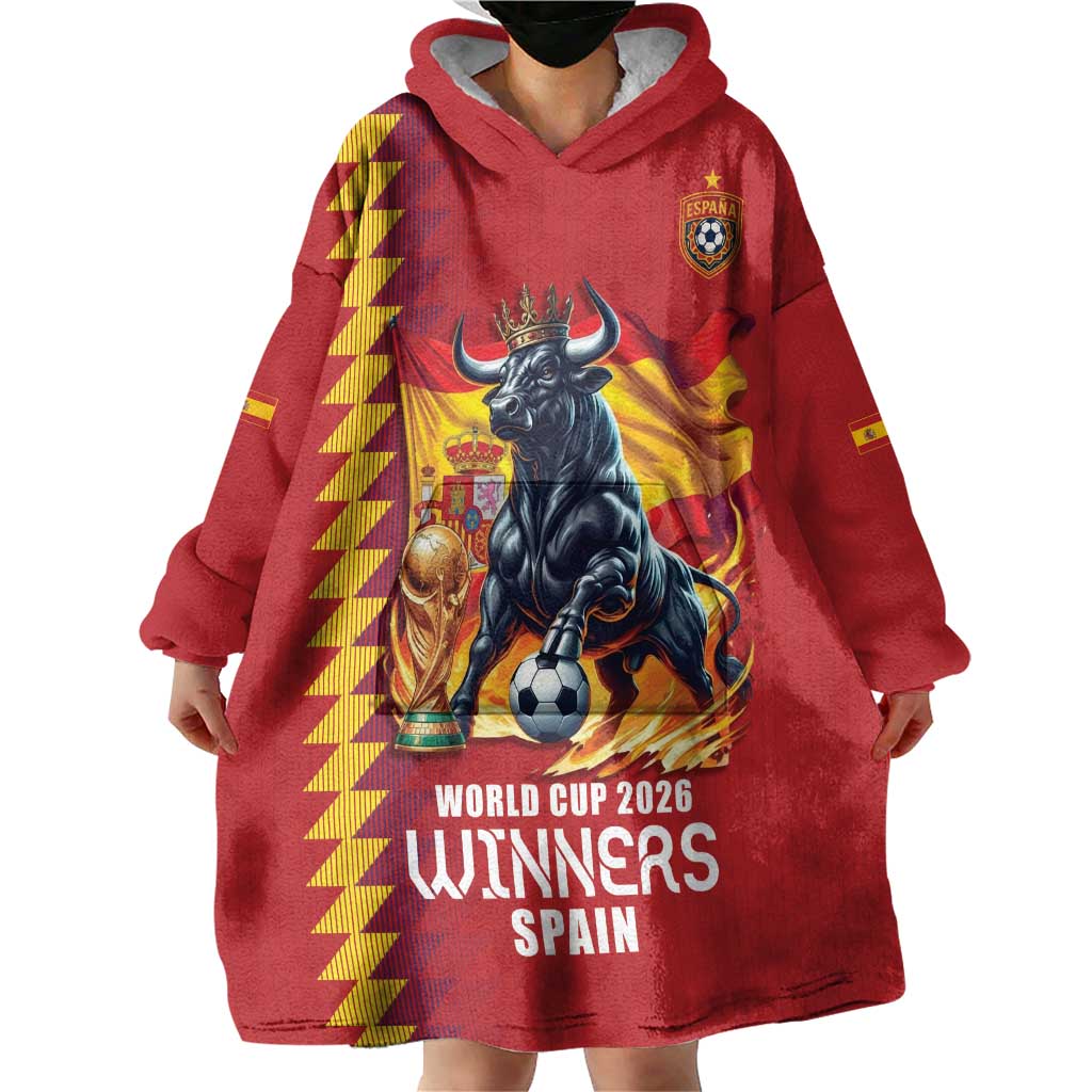 Custom World Football 2026 Spain Wearable Blanket Hoodie Spanish Bull Rising Champions - Wonder Print Shop