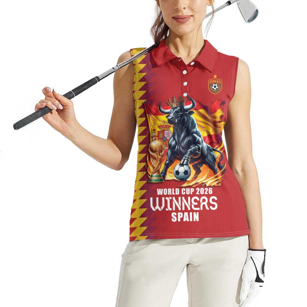 Custom World Football 2026 Spain Women Sleeveless Polo Shirt Spanish Bull Rising Champions - Wonder Print Shop