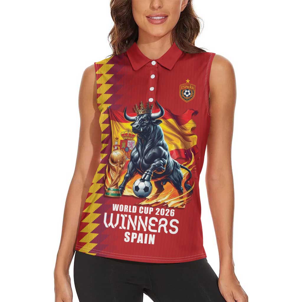 Custom World Football 2026 Spain Women Sleeveless Polo Shirt Spanish Bull Rising Champions - Wonder Print Shop