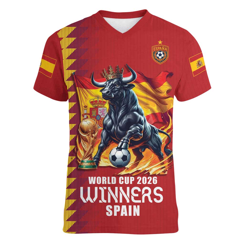 Custom World Football 2026 Spain Women V-Neck T-Shirt Spanish Bull Rising Champions - Wonder Print Shop