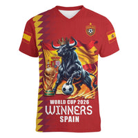 Custom World Football 2026 Spain Women V-Neck T-Shirt Spanish Bull Rising Champions - Wonder Print Shop