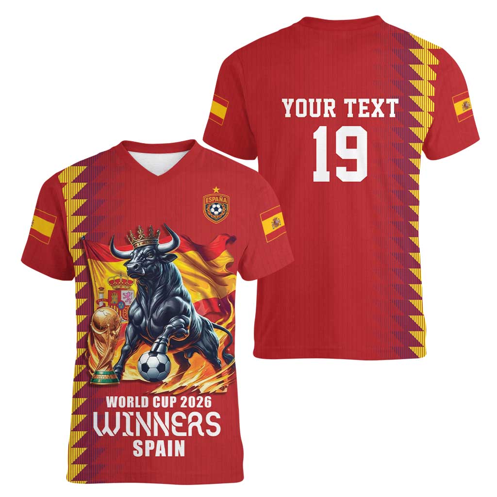Custom World Football 2026 Spain Women V-Neck T-Shirt Spanish Bull Rising Champions - Wonder Print Shop