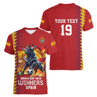 Custom World Football 2026 Spain Women V-Neck T-Shirt Spanish Bull Rising Champions - Wonder Print Shop