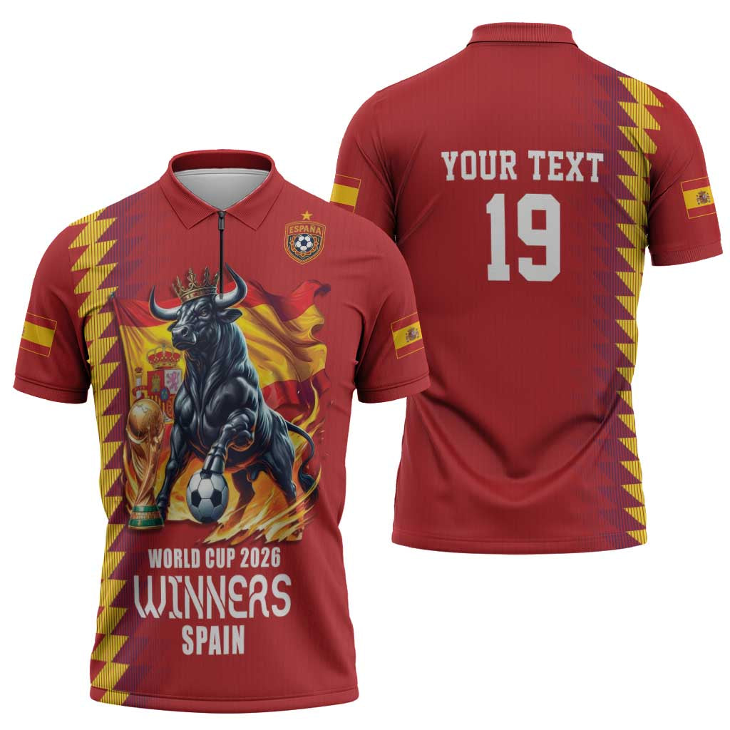 Custom World Football 2026 Spain Zipper Polo Shirt Spanish Bull Rising Champions - Wonder Print Shop