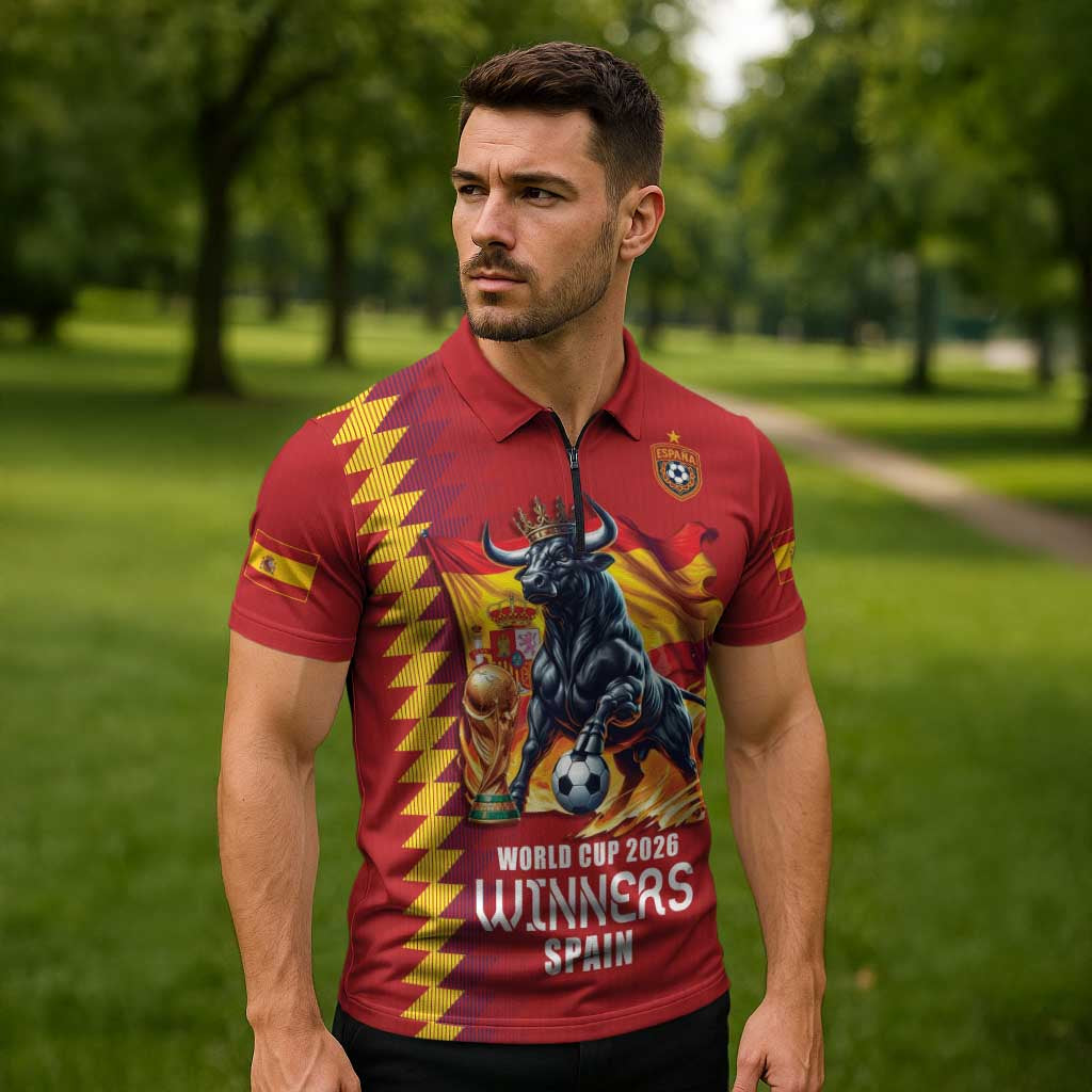 Custom World Football 2026 Spain Zipper Polo Shirt Spanish Bull Rising Champions - Wonder Print Shop