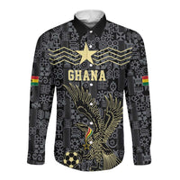 Custom World Football 2026 Ghana Long Sleeve Button Shirt Black Stars Rise with Black Adinkra Pattern