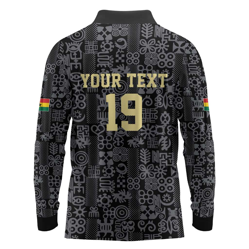 Custom World Football 2026 Ghana Long Sleeve Polo Shirt Black Stars Rise with Black Adinkra Pattern