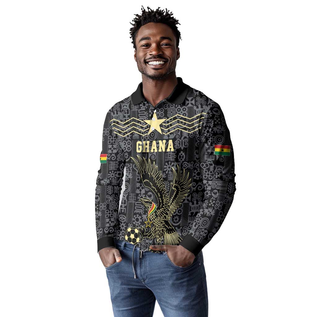 Custom World Football 2026 Ghana Long Sleeve Polo Shirt Black Stars Rise with Black Adinkra Pattern