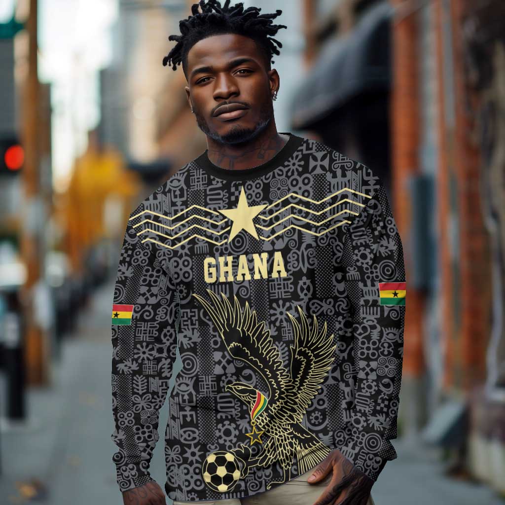 Custom World Football 2026 Ghana Long Sleeve Shirt Black Stars Rise with Black Adinkra Pattern