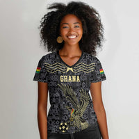 Custom World Football 2026 Ghana Women V-Neck T-Shirt Black Stars Rise with Black Adinkra Pattern