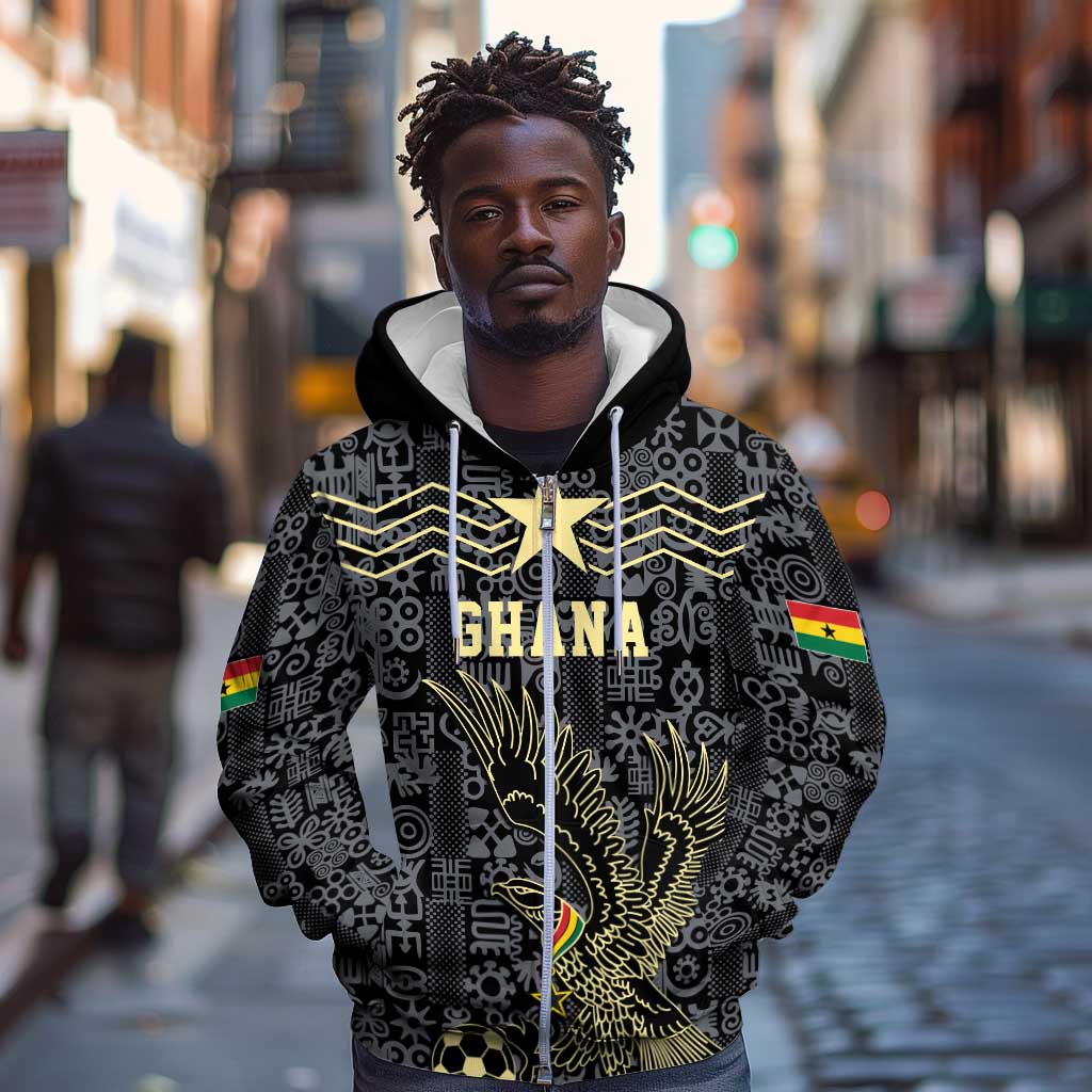 Custom World Football 2026 Ghana Zip Hoodie Black Stars Rise with Black Adinkra Pattern