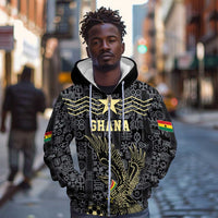 Custom World Football 2026 Ghana Zip Hoodie Black Stars Rise with Black Adinkra Pattern