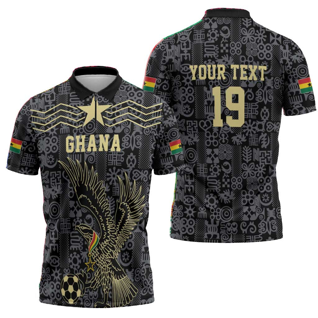 Custom World Football 2026 Ghana Zipper Polo Shirt Black Stars Rise with Black Adinkra Pattern