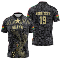 Custom World Football 2026 Ghana Zipper Polo Shirt Black Stars Rise with Black Adinkra Pattern