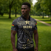 Custom World Football 2026 Ghana Zipper Polo Shirt Black Stars Rise with Black Adinkra Pattern