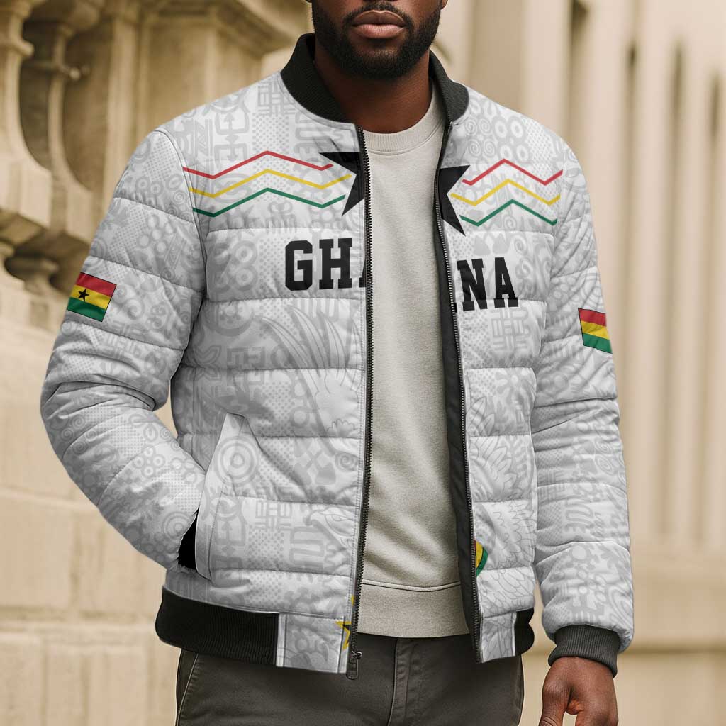 Custom World Football 2026 Ghana Bomber Puffer Jacket Black Stars Rise with White Adinkra Pattern