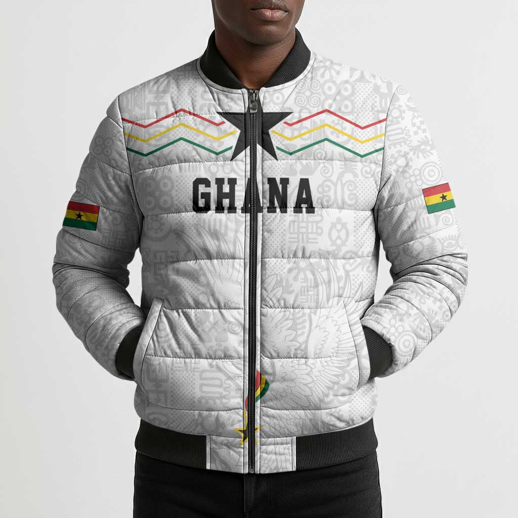 Custom World Football 2026 Ghana Bomber Puffer Jacket Black Stars Rise with White Adinkra Pattern