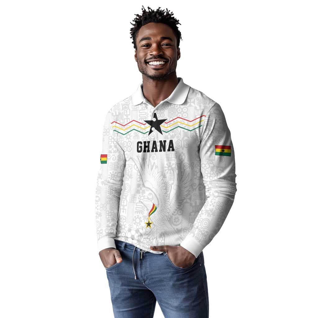 Custom World Football 2026 Ghana Long Sleeve Polo Shirt Black Stars Rise with White Adinkra Pattern