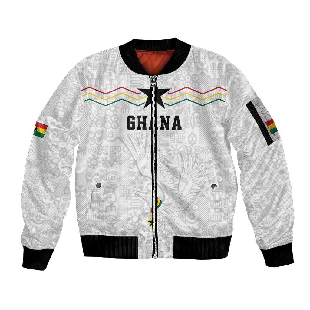 Custom World Football 2026 Ghana Sleeve Zip Bomber Jacket Black Stars Rise with White Adinkra Pattern