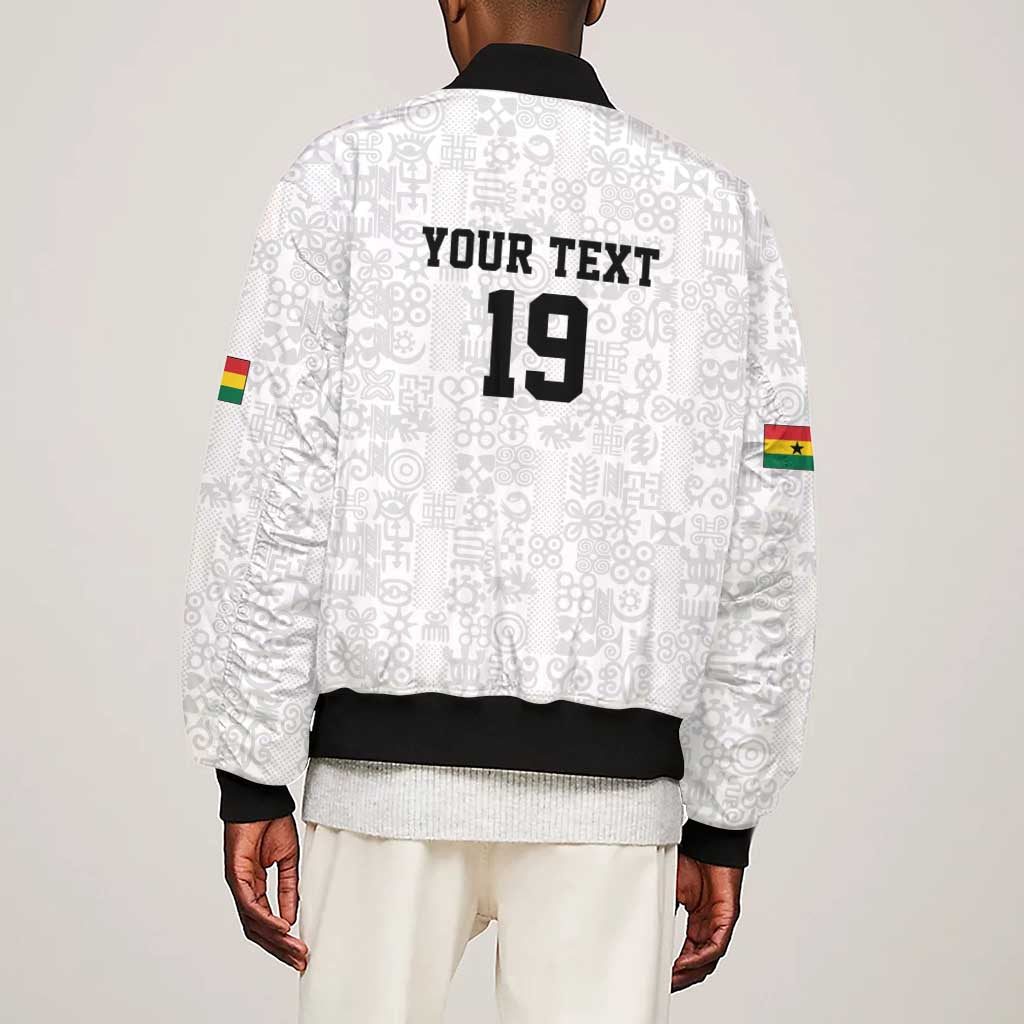 Custom World Football 2026 Ghana Sleeve Zip Bomber Jacket Black Stars Rise with White Adinkra Pattern