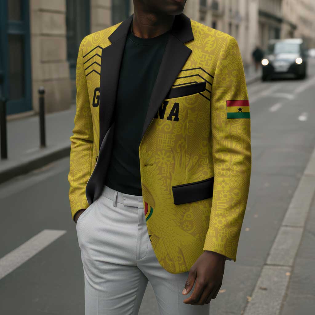 Custom World Football 2026 Ghana Blazer Black Stars Rise with Yellow Adinkra Pattern