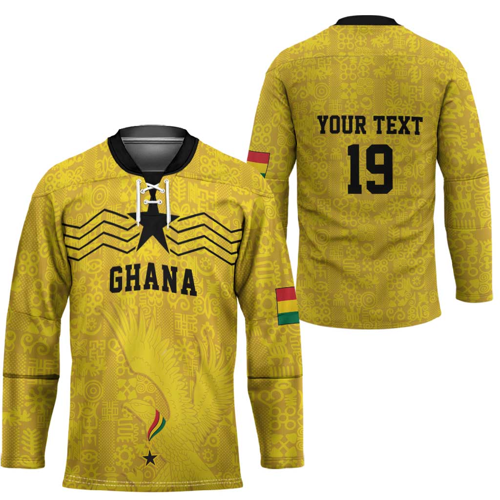 Custom World Football 2026 Ghana Hockey Jersey Black Stars Rise with Yellow Adinkra Pattern