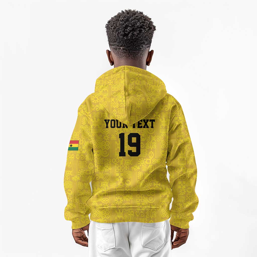 Custom World Football 2026 Ghana Kid Hoodie Black Stars Rise with Yellow Adinkra Pattern