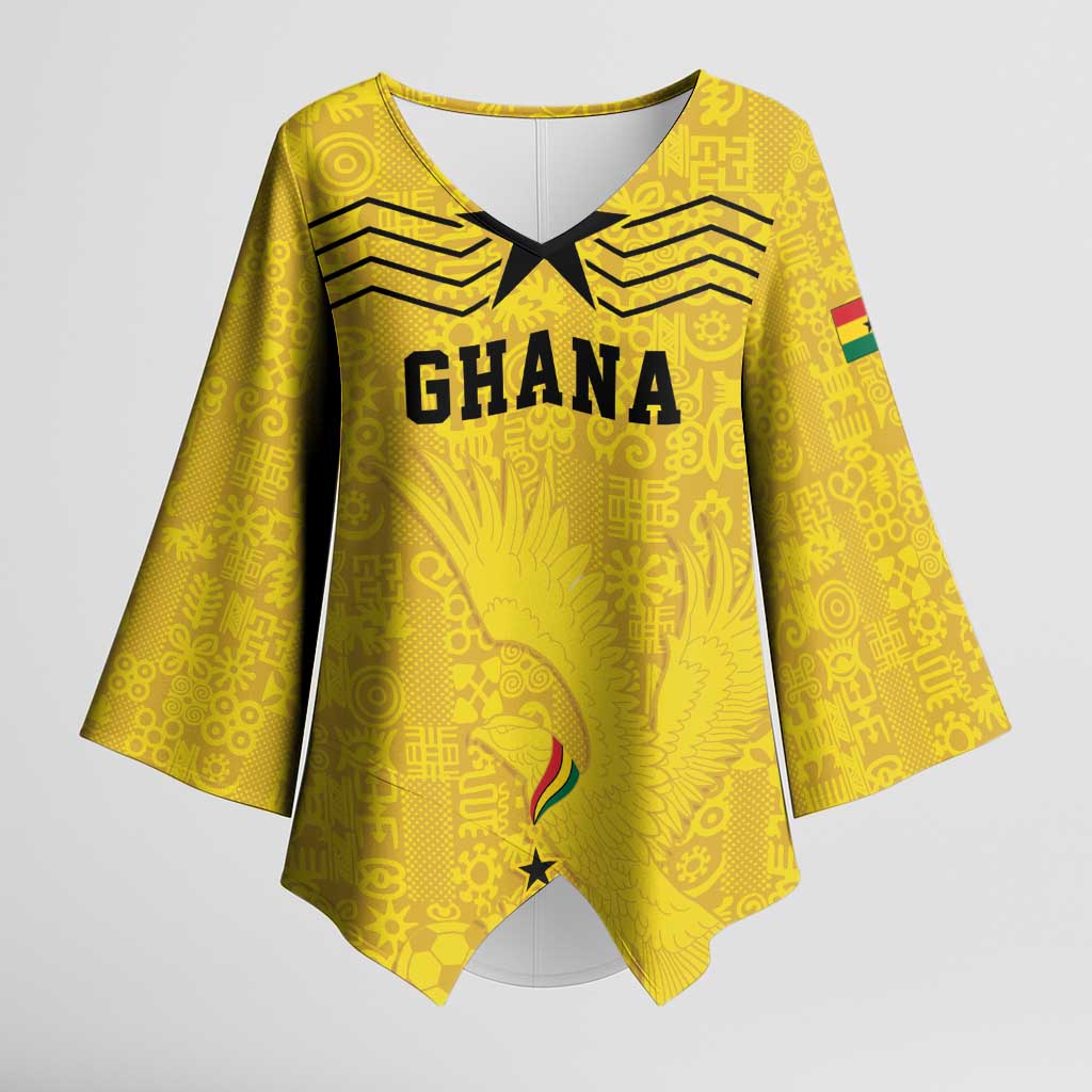 Custom World Football 2026 Ghana Kimono Sleeve Blouse Black Stars Rise with Yellow Adinkra Pattern