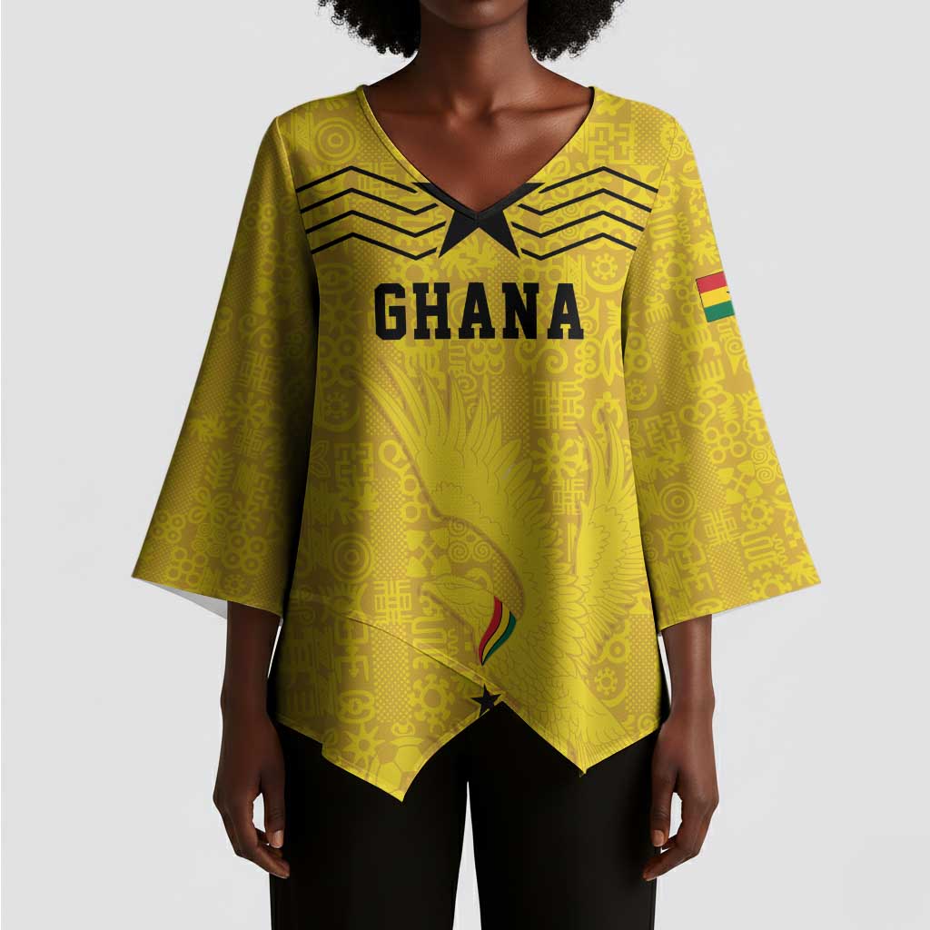 Custom World Football 2026 Ghana Kimono Sleeve Blouse Black Stars Rise with Yellow Adinkra Pattern