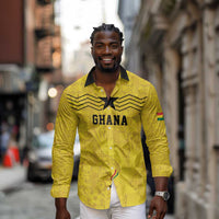 Custom World Football 2026 Ghana Long Sleeve Button Shirt Black Stars Rise with Yellow Adinkra Pattern