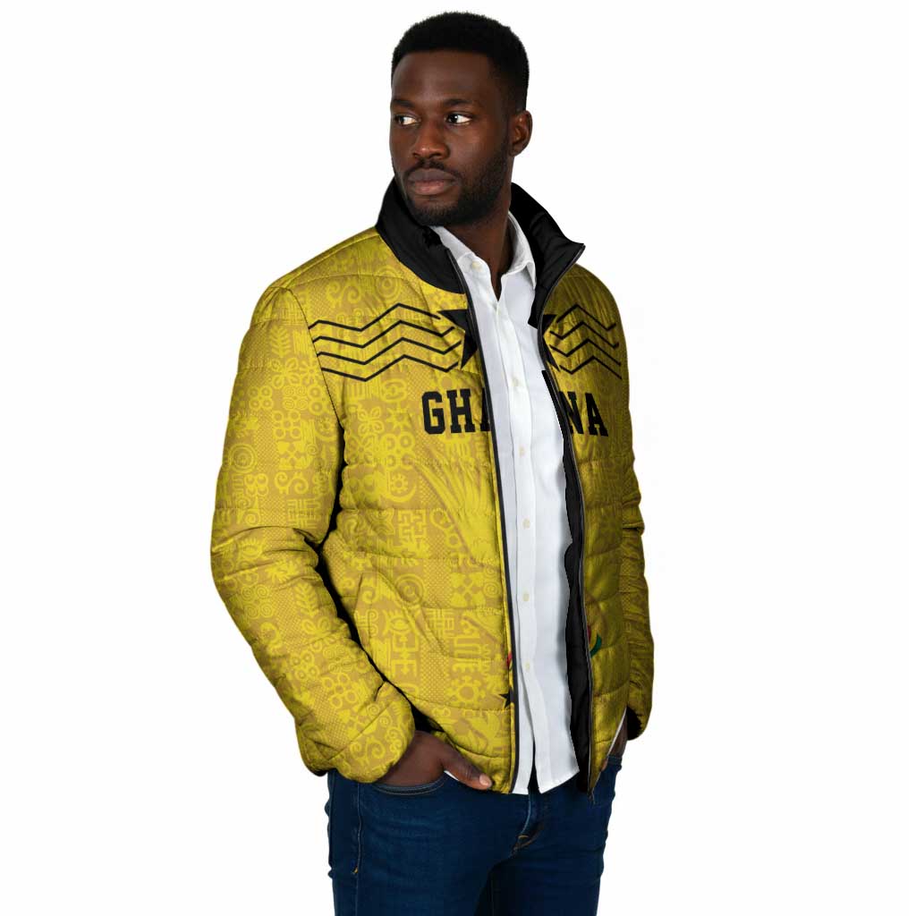 Custom World Football 2026 Ghana Padded Jacket Black Stars Rise with Yellow Adinkra Pattern