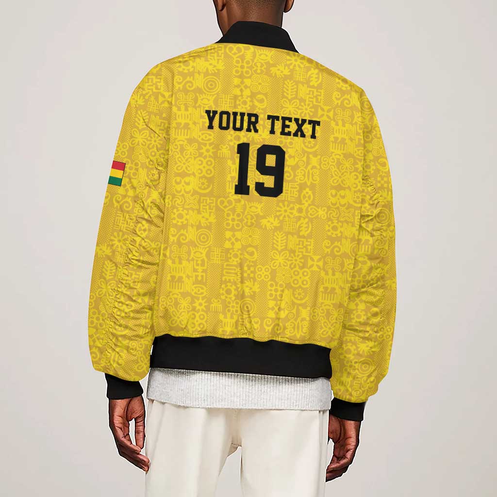 Custom World Football 2026 Ghana Sleeve Zip Bomber Jacket Black Stars Rise with Yellow Adinkra Pattern