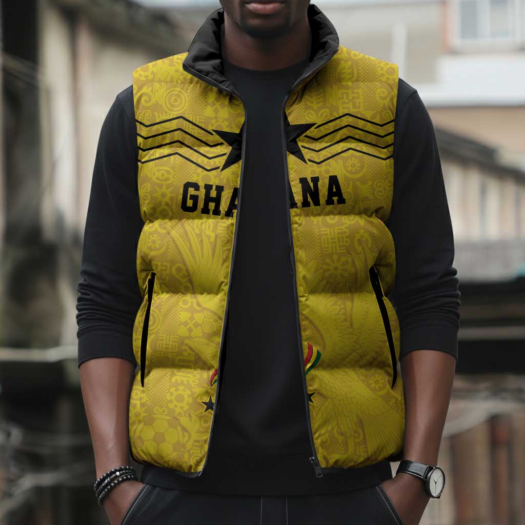 Custom World Football 2026 Ghana Sleeveless Puffer Jacket Black Stars Rise with Yellow Adinkra Pattern
