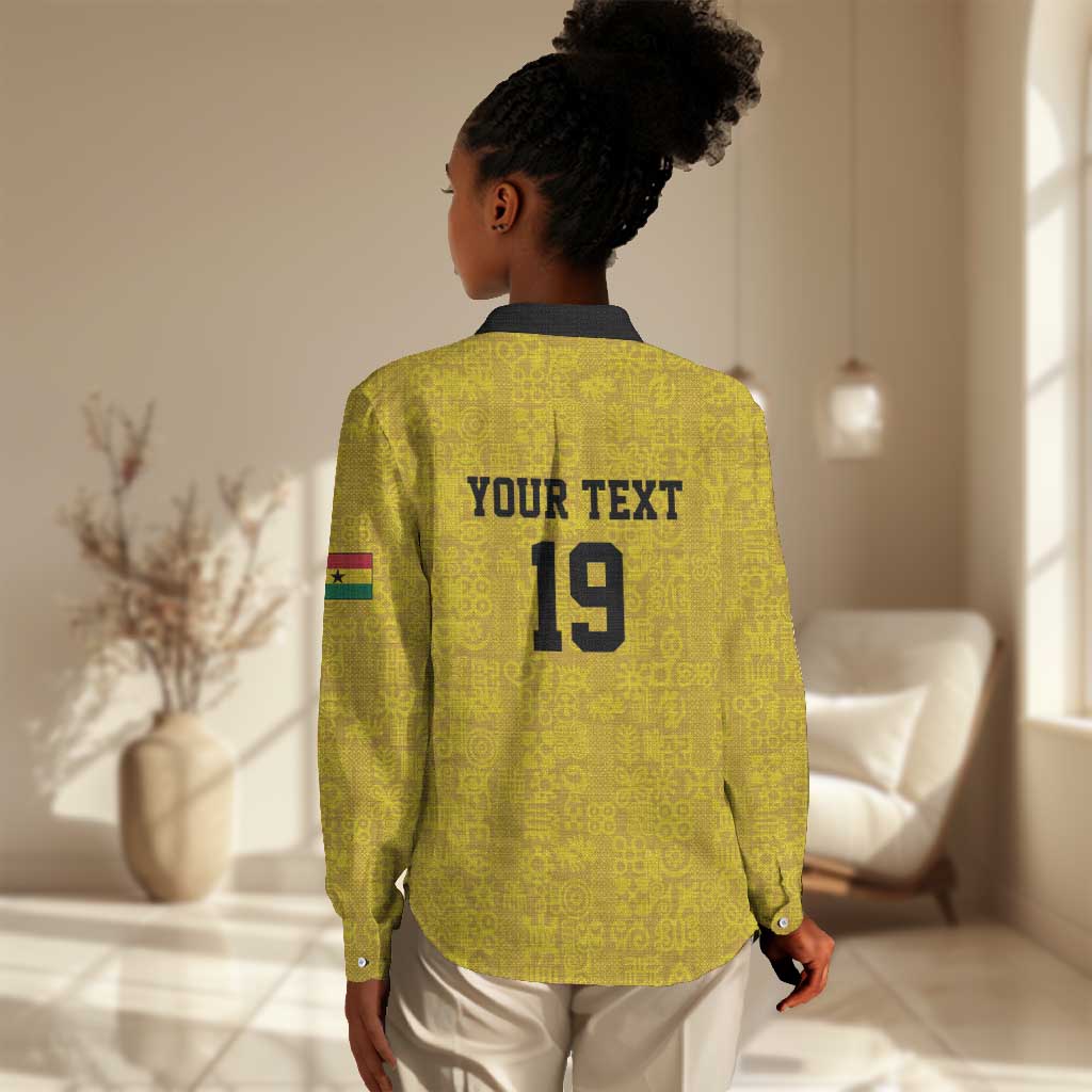 Custom World Football 2026 Ghana Women Casual Shirt Black Stars Rise with Yellow Adinkra Pattern