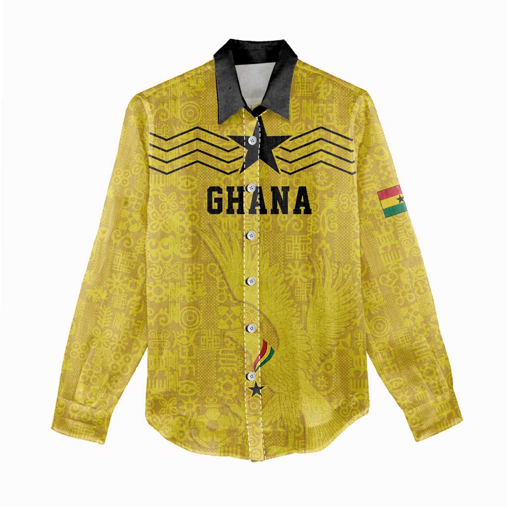 Custom World Football 2026 Ghana Women Casual Shirt Black Stars Rise with Yellow Adinkra Pattern