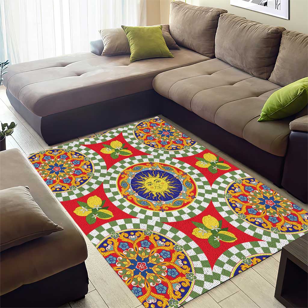 Green Sicilian Majolica Lemon Sun Art Area Rug