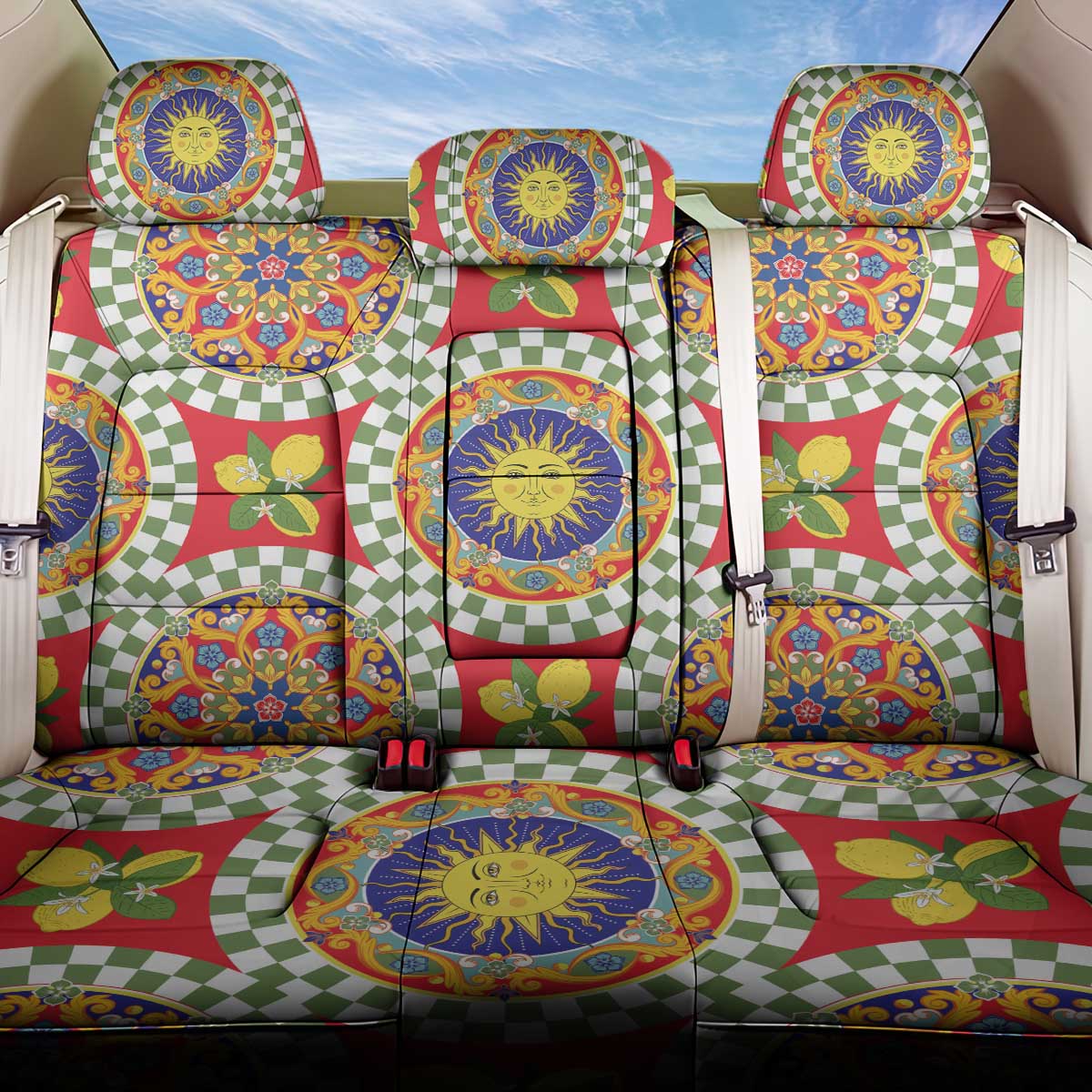 Green Sicilian Majolica Lemon Sun Art Back Car Seat Cover