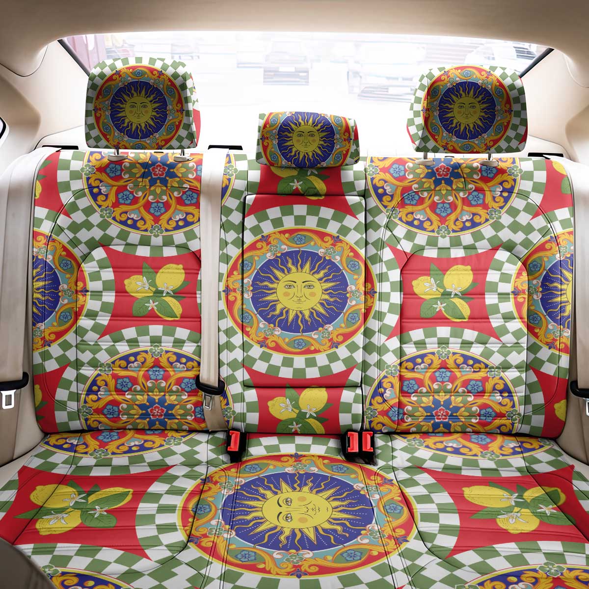 Green Sicilian Majolica Lemon Sun Art Back Car Seat Cover