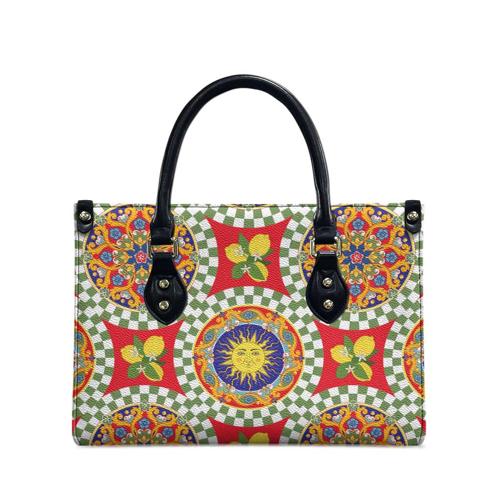 Green Sicilian Majolica Lemon Sun Art Leather Bag