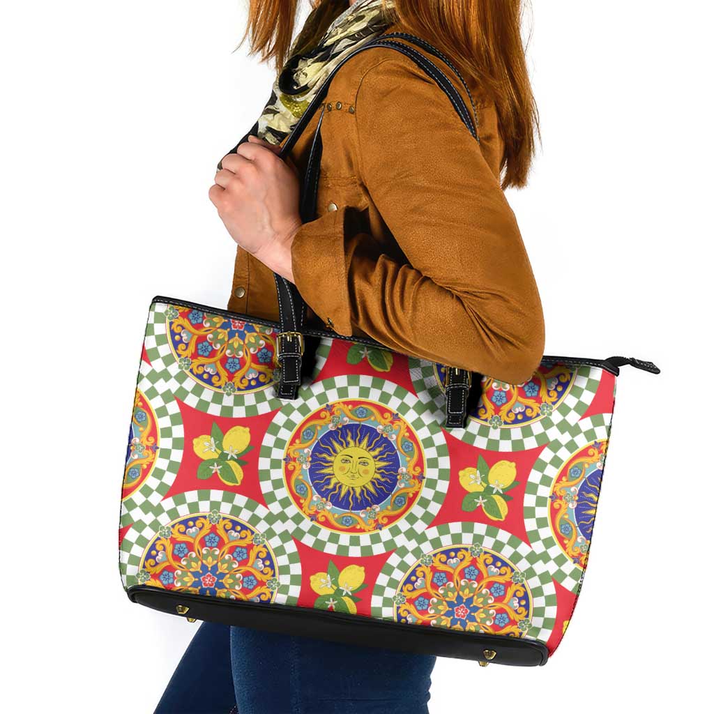 Green Sicilian Majolica Lemon Sun Art Leather Tote Bag
