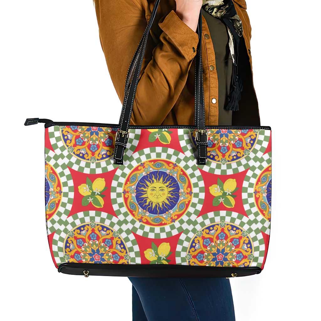 Green Sicilian Majolica Lemon Sun Art Leather Tote Bag