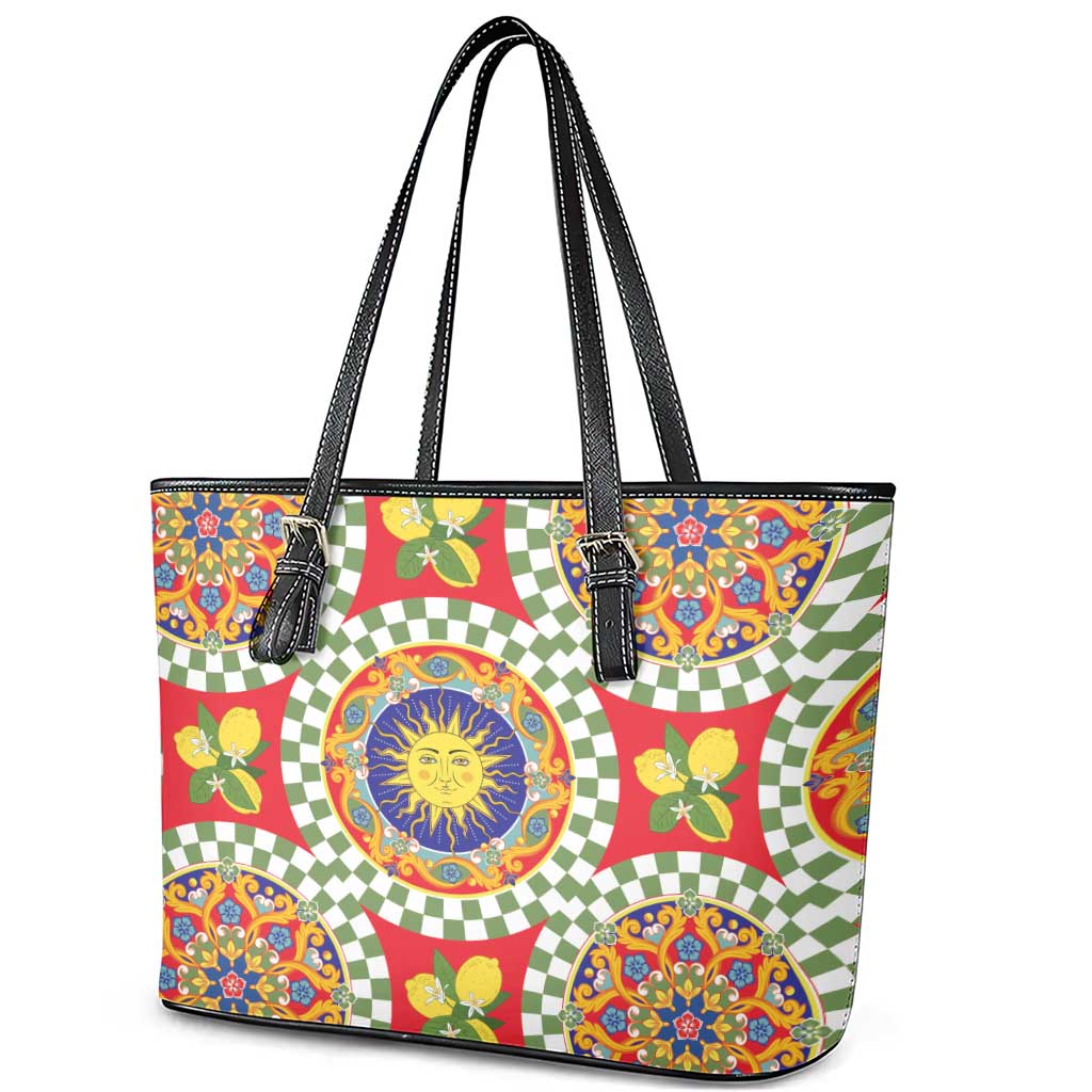 Green Sicilian Majolica Lemon Sun Art Leather Tote Bag