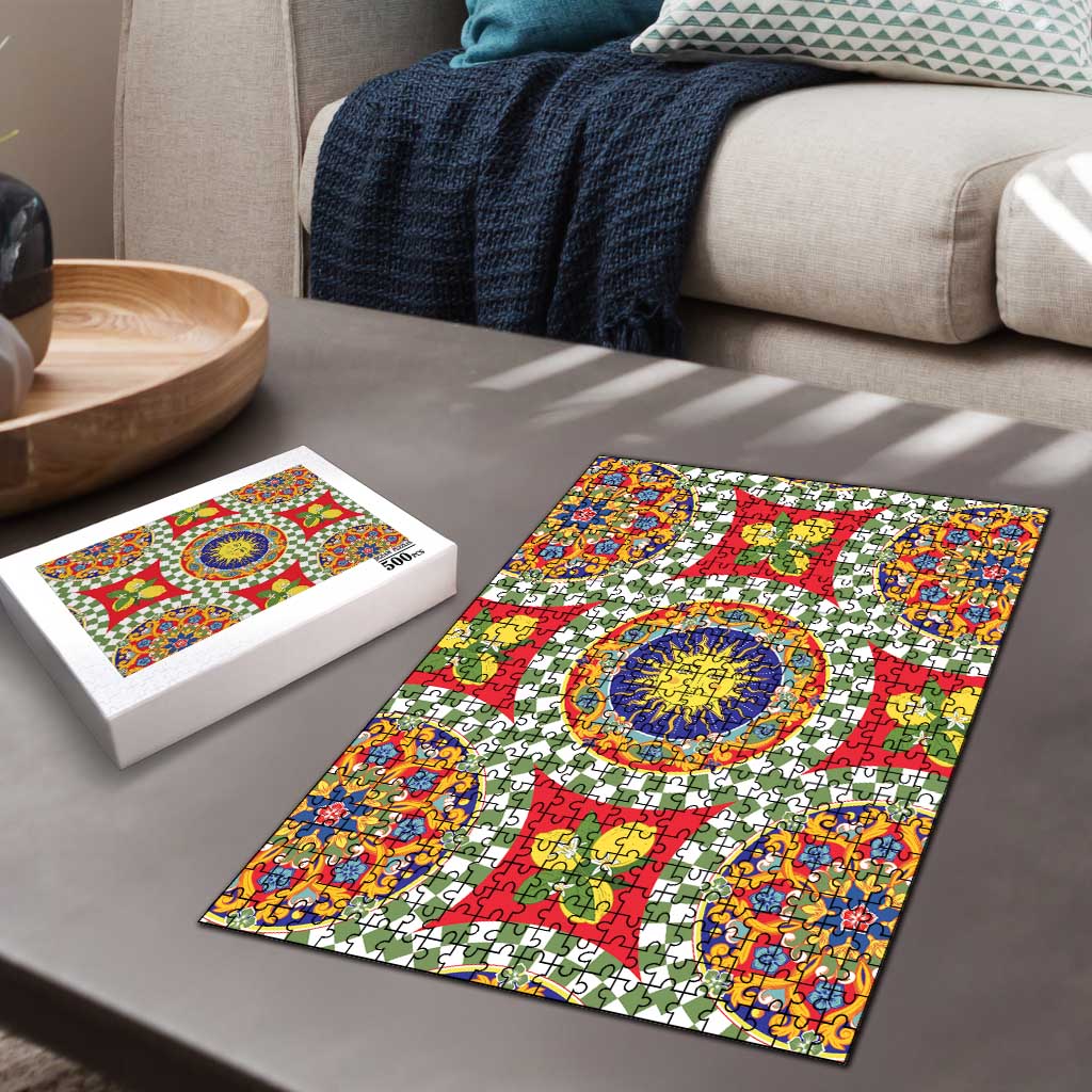 Green Sicilian Majolica Lemon Sun Art Puzzle