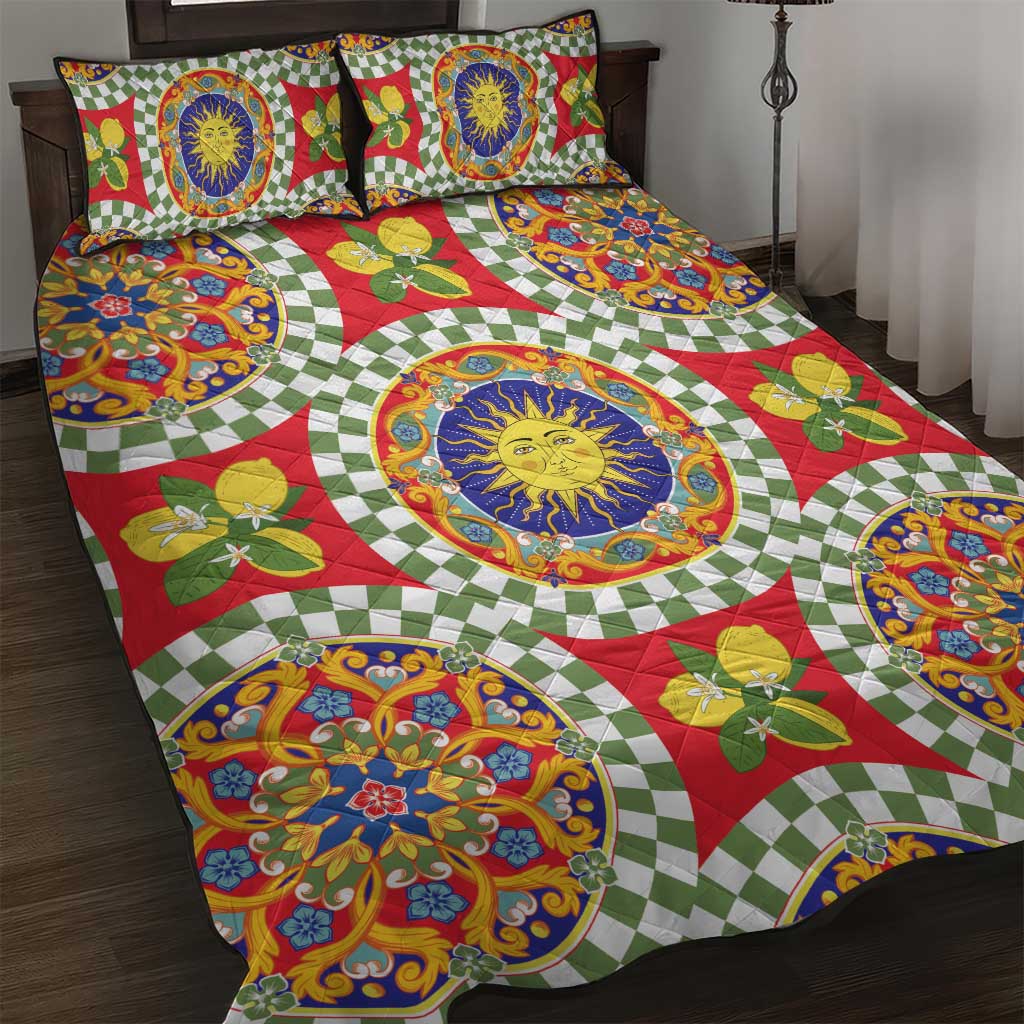 Green Sicilian Majolica Lemon Sun Art Quilt Bed Set