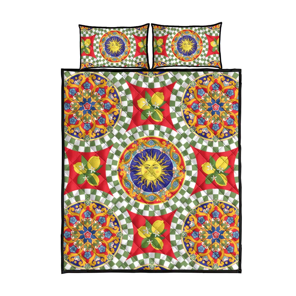 Green Sicilian Majolica Lemon Sun Art Quilt Bed Set