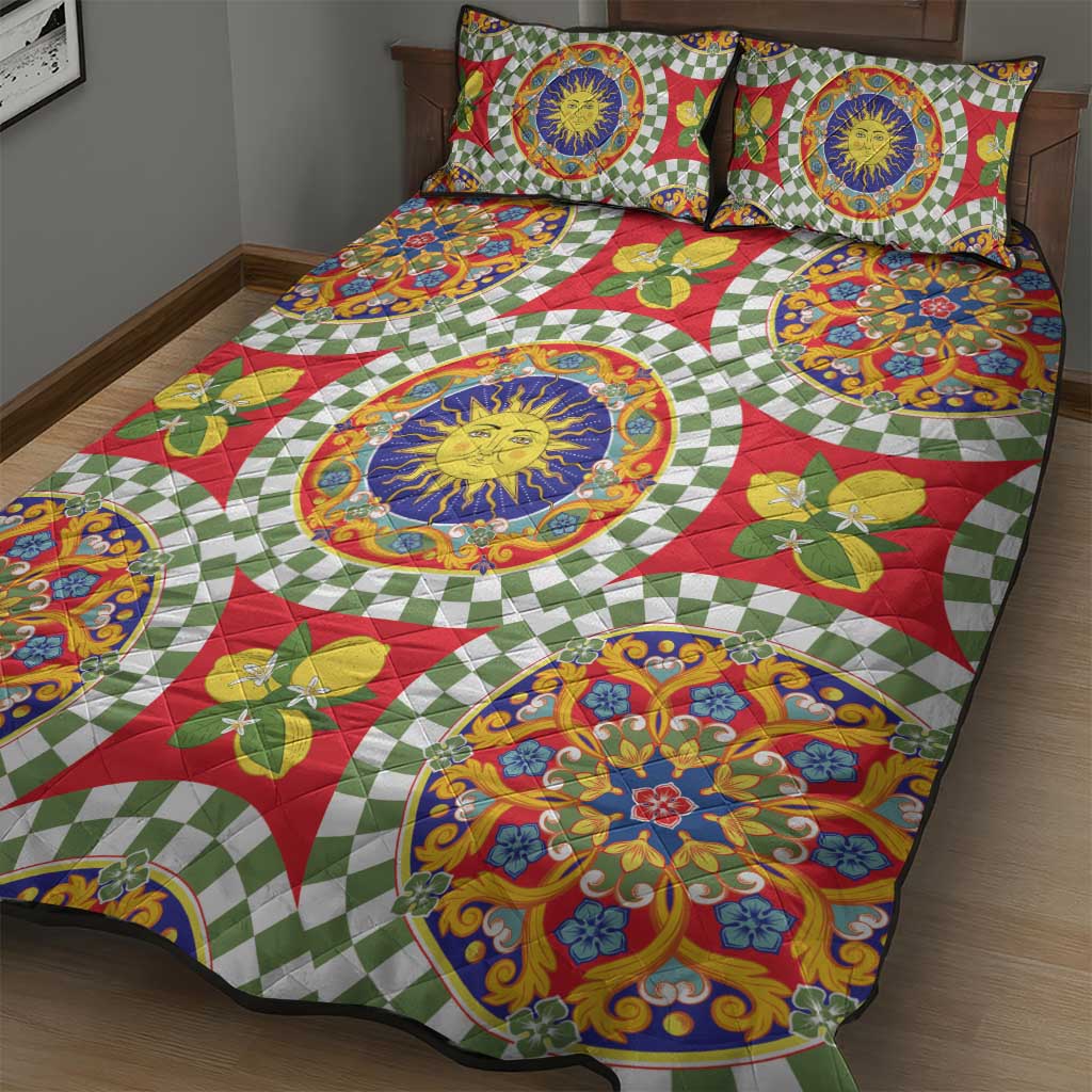 Green Sicilian Majolica Lemon Sun Art Quilt Bed Set